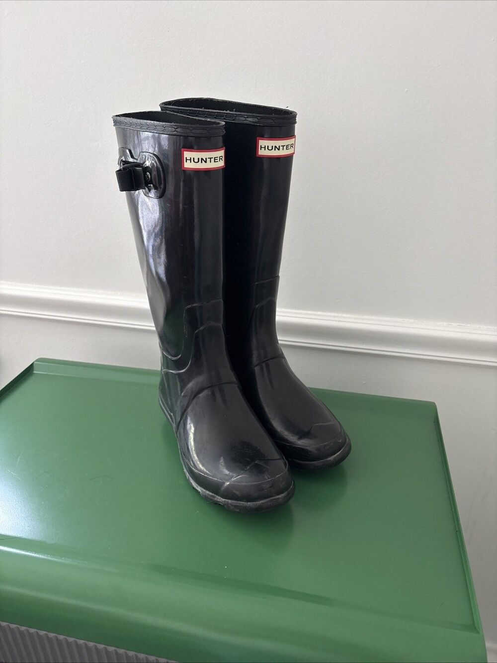 Hunter Original Huntress Gloss Tall Black Boots Buckle Size Womens 8 EU 39